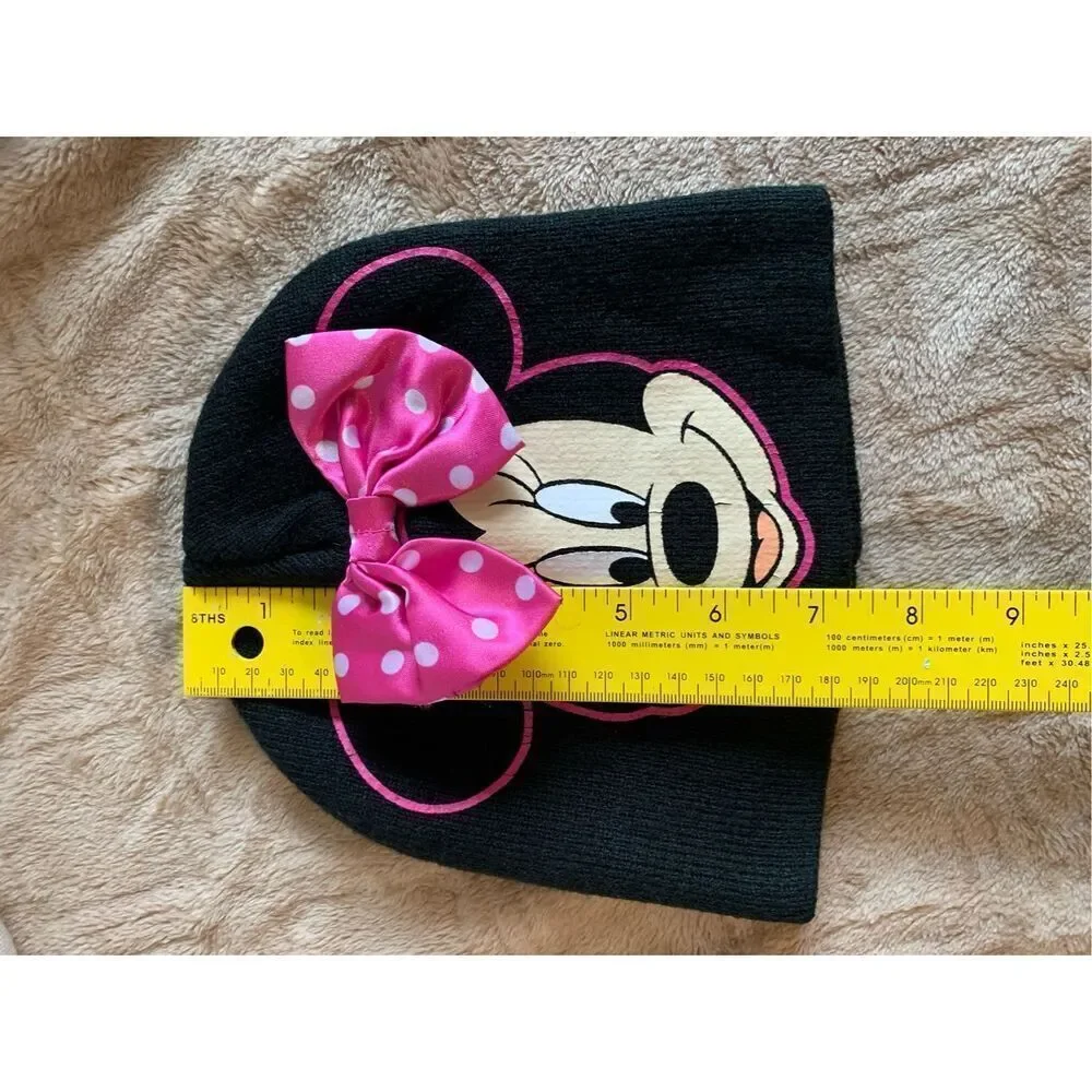 Disney Girls OS Black MINNIE MOUSE Knit Hat Pink Polka Dot‎ Bow kids winter cap